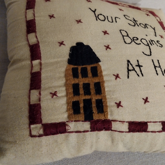 Primitive Tea Stained Stitched Saltbox Home Pillow - Picture 2 of 4